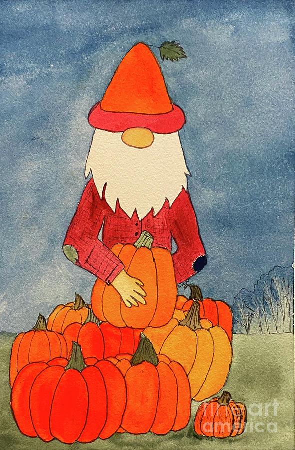 Fall Gnome with Pumpkins Mixed Media by Lisa Neuman