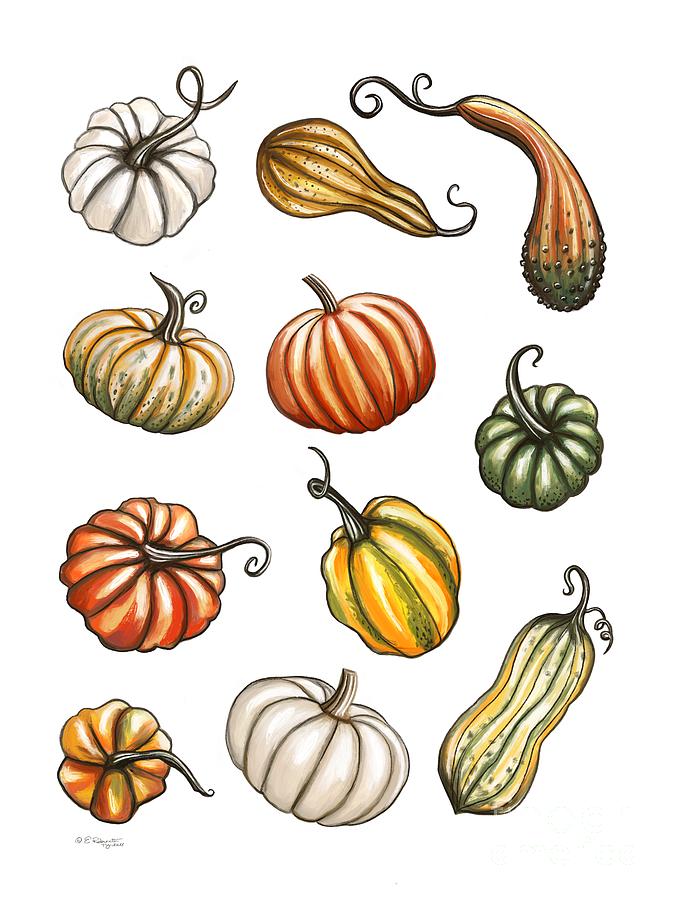 Fall Gourds and Pumpkins Set 2 Painting by Elizabeth Robinette Tyndall