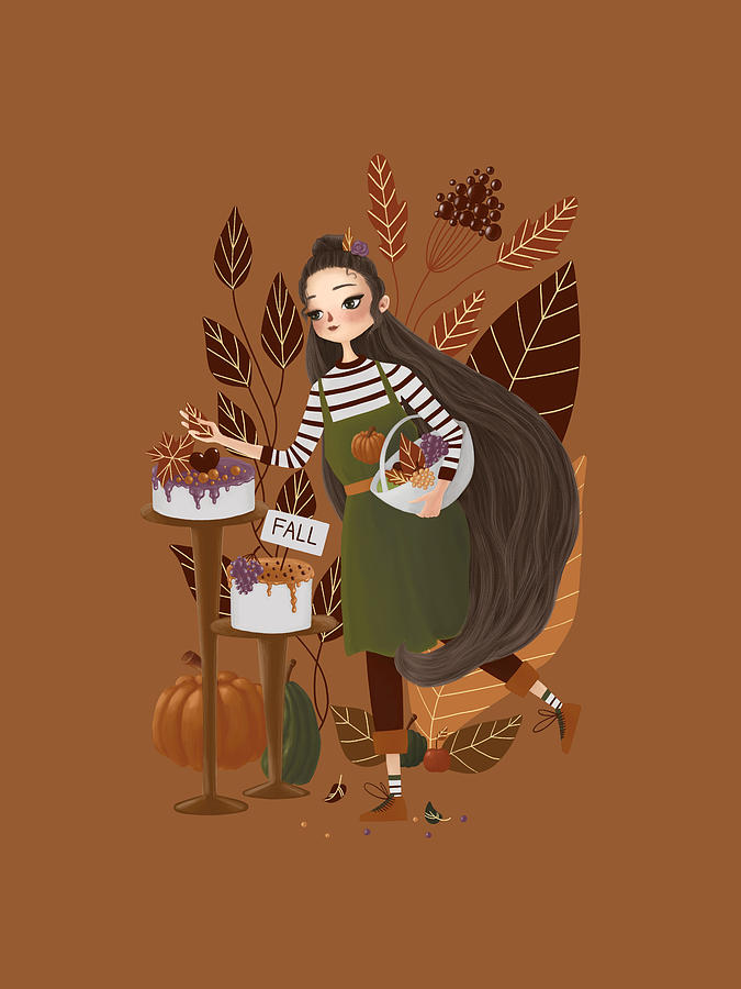 Fall Digital Art - Fall Illustration Of Cute Autumn Girl At Bakery, Baking Cake, Pumpkin Spice Pie, Flowers And Leaves by Chloes Illustrations