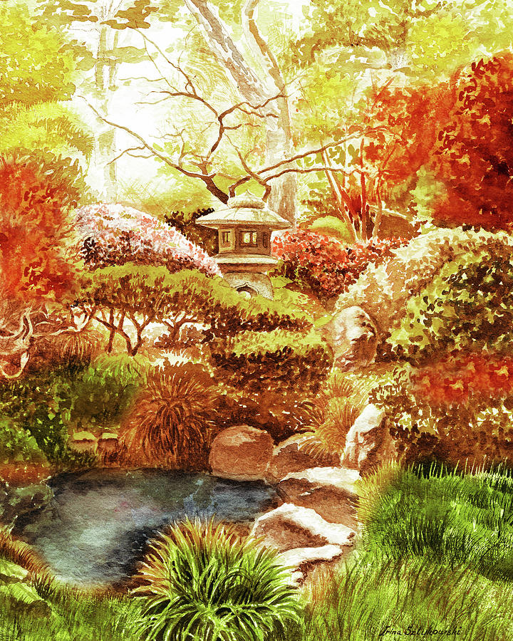 Fall In Japanese Garden Watercolor Autumn Landscape  Painting by Irina Sztukowski