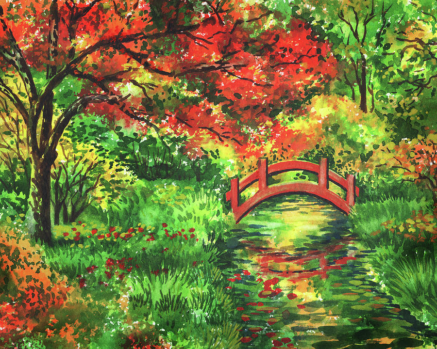 Fall In Japanese Garden Watercolor Landscape  Painting by Irina Sztukowski