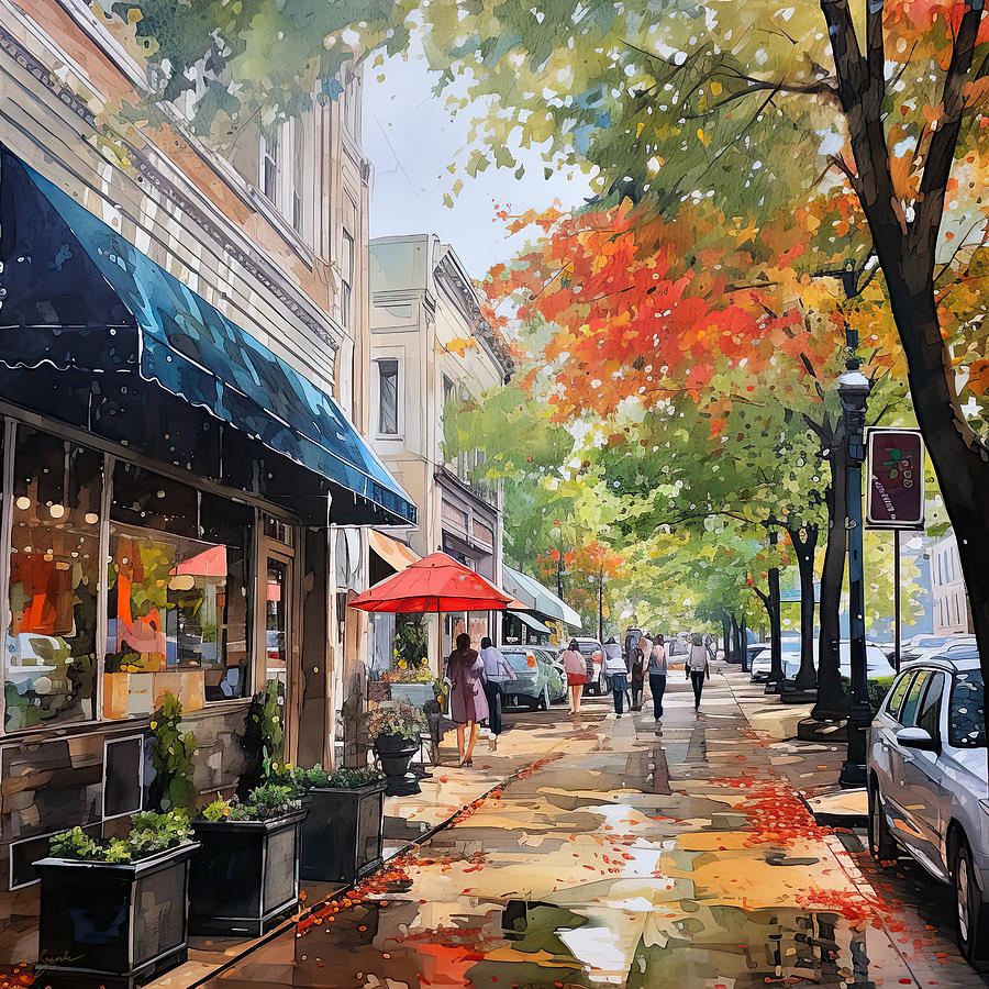 Fall in the City - Fall Downtown Watercolor Painting by Lourry Legarde