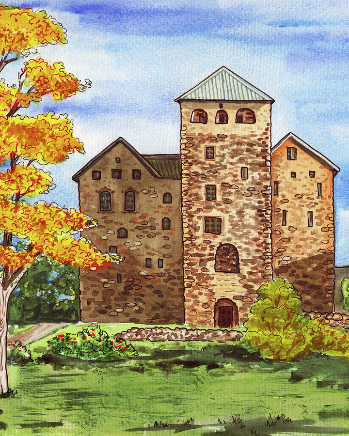 Fall In Turku Medieval Castle Watercolor  Painting by Irina Sztukowski