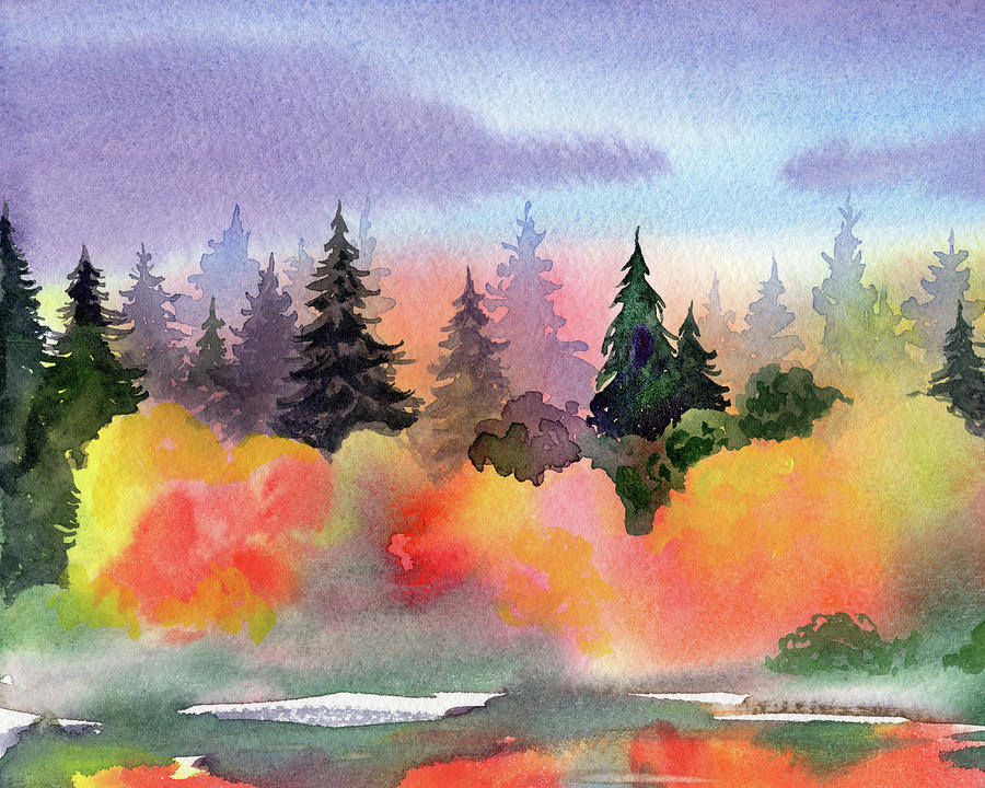 Fall Landscape Bright Colorful Trees Watercolor Impressionism I Painting by Irina Sztukowski