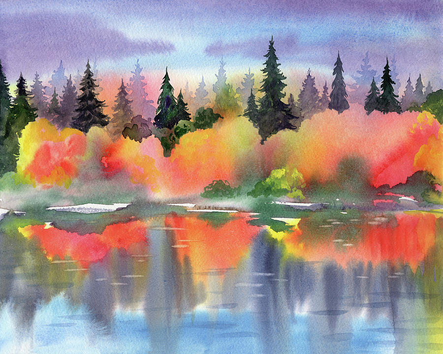 Fall Landscape Bright Colorful Trees Watercolor Impressionism IV Painting by Irina Sztukowski