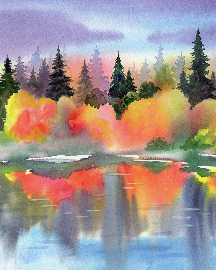 Fall Landscape Bright Colorful Trees Watercolor Impressionism V Painting by Irina Sztukowski