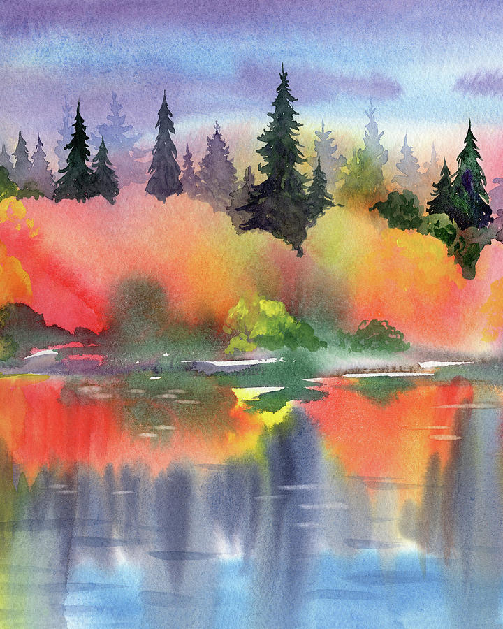 Fall Landscape Bright Colorful Trees Watercolor Impressionism VI Painting by Irina Sztukowski