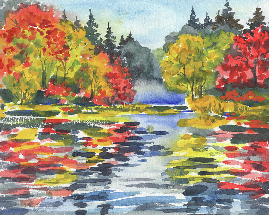 Fall Landscape Watercolor Warm Happy Autumn Colors And Moods Painting by Irina Sztukowski