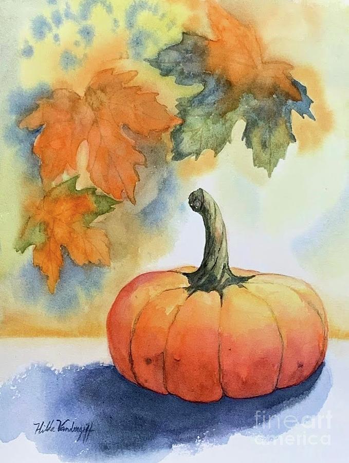 Fall Leaves and Pumpkin Painting by Hilda Vandergriff