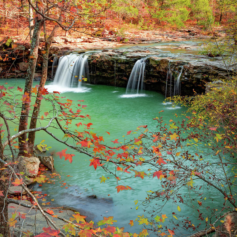 Falling Water Falls Photograph - Fall Leaves Surround Falling Water Falls 1x1 by Gregory Ballos