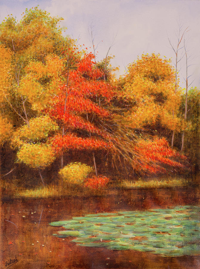 Fall pond Painting by Tesh Parekh