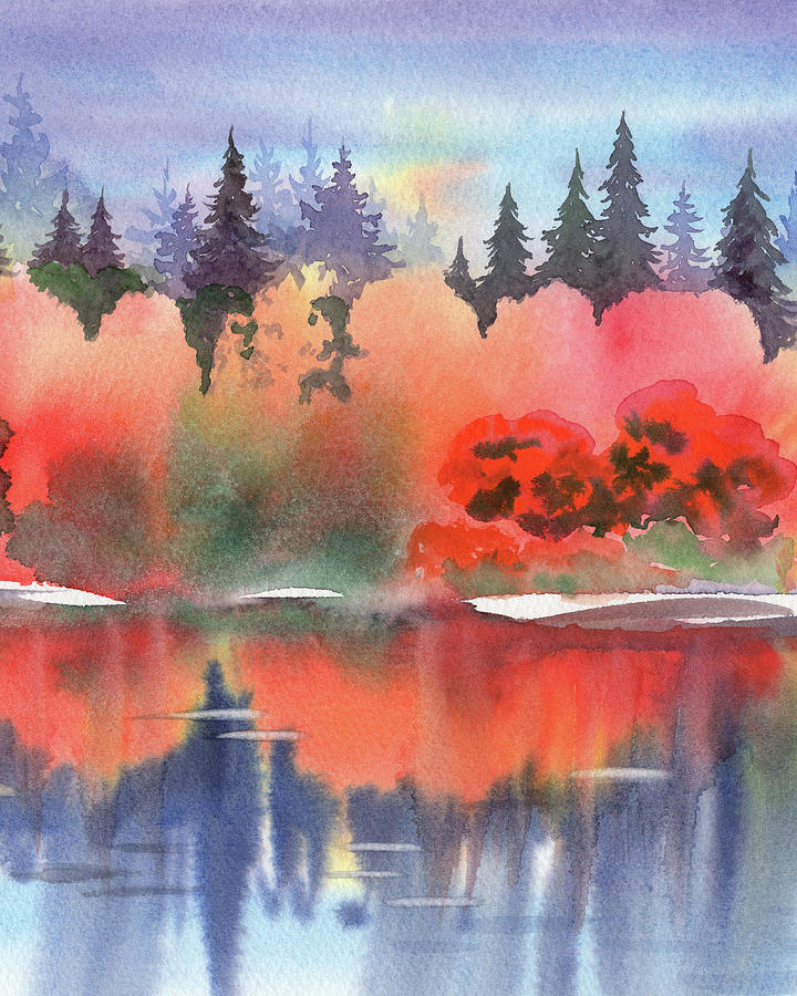 Fall Reflections Watercolor Autumn Landscape With Trees Painting by Irina Sztukowski