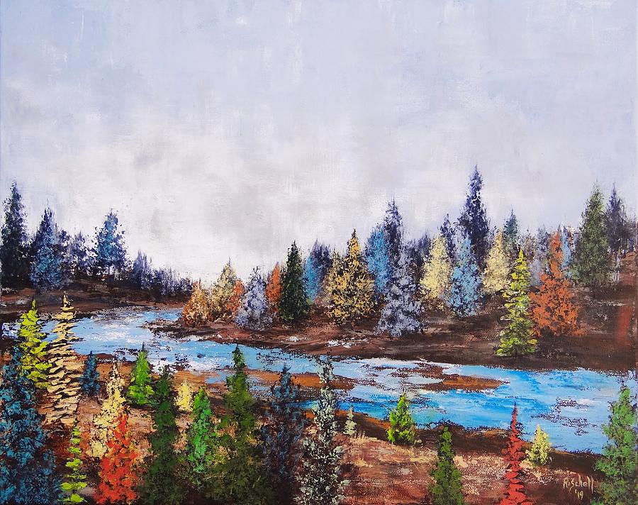 Fall by the River Painting by Roseanne Schellenberger