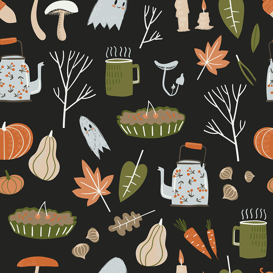 Fall seamless pattern with cozy nature elements. Cozy warm things, teapot,  mug, harvest and cute little ghosts by Julien