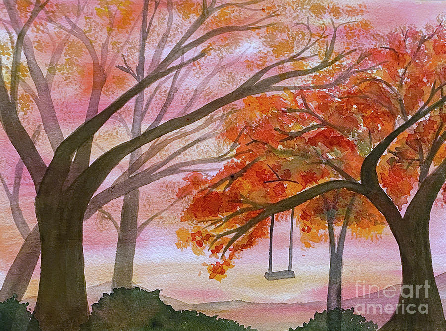 Fall Trees and Swing Painting by Lisa Neuman