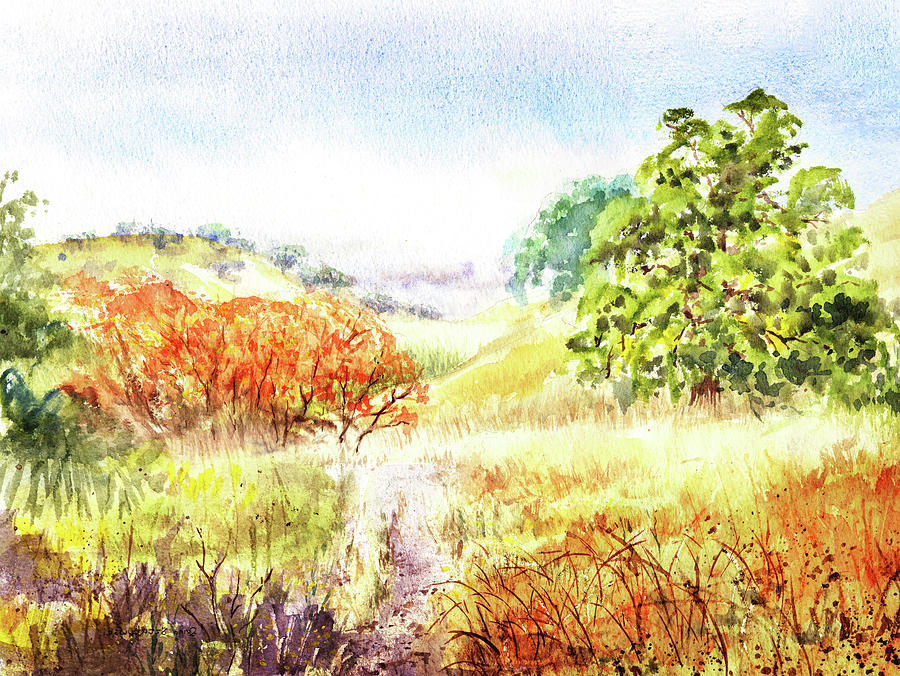 Fall Trees In The Field Watercolor  Painting by Irina Sztukowski