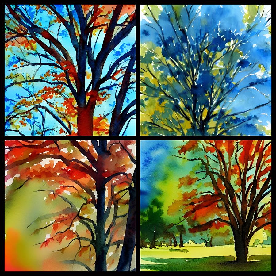 Fall Trees Times Four Painting by Bonnie Bruno