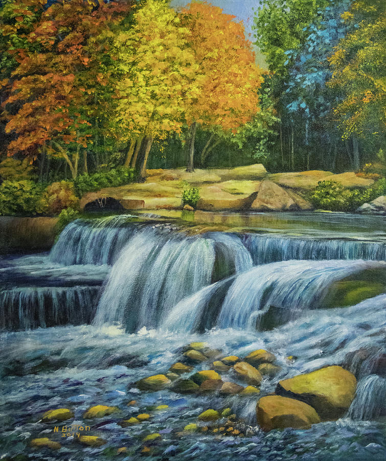 Fall trees with waterfall Painting by Nadine Button