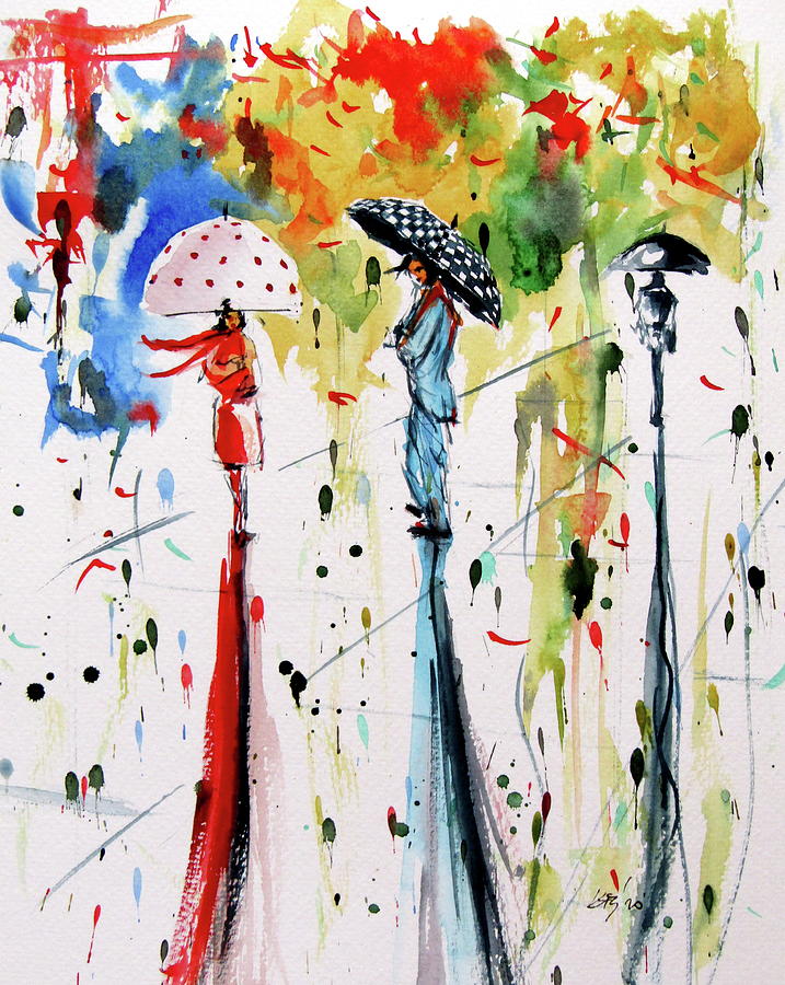 Fall with people and umbrella II Painting by Kovacs Anna Brigitta