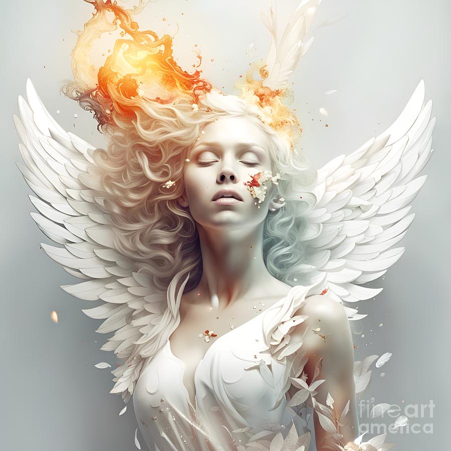 Fallen Elegance - White-Winged Deteriorating Female Angel Artwork Mixed Media by Artvizual