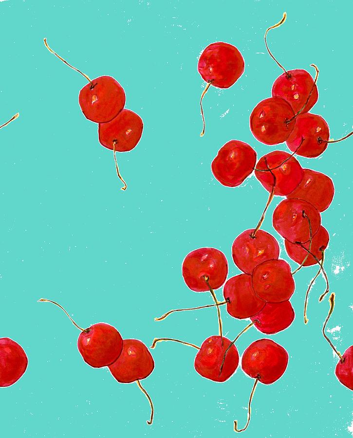 Falling cherries in aqua Mixed Media by Francine Rondeau