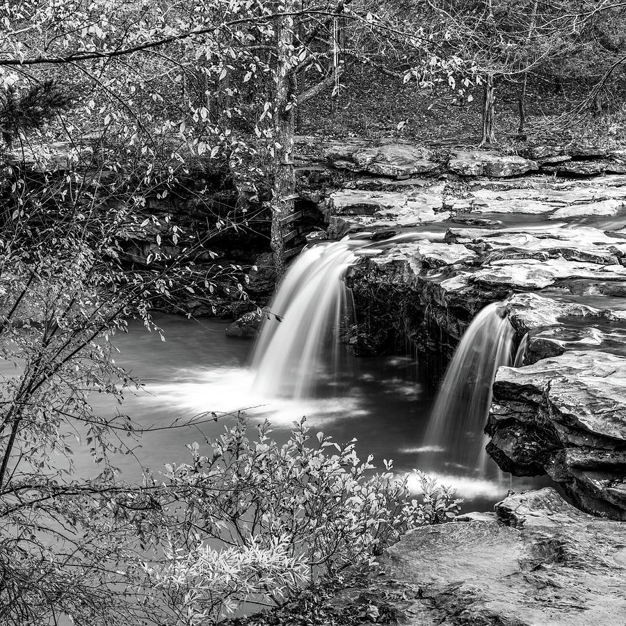 Black And White Photograph - Falling Water Falls in The Ozark National Forest Black and White 1x1 by Gregory Ballos