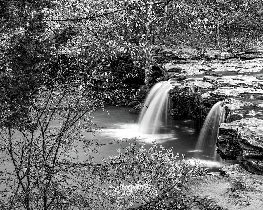 Falling Water Falls in The Ozark National Forest Black and White Photograph by Gregory Ballos