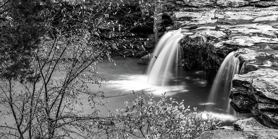 Falling Water Falls In The Ozark National Forest Panorama - Black and White Photograph by Gregory Ballos