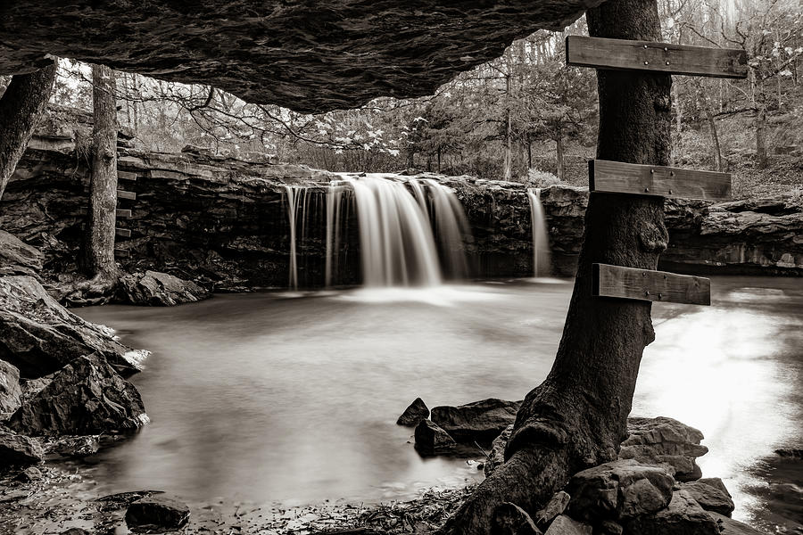 Black And White Photograph - Falling Water Waterfall Swimming Hole In Sepia - Arkansas Ozarks by Gregory Ballos