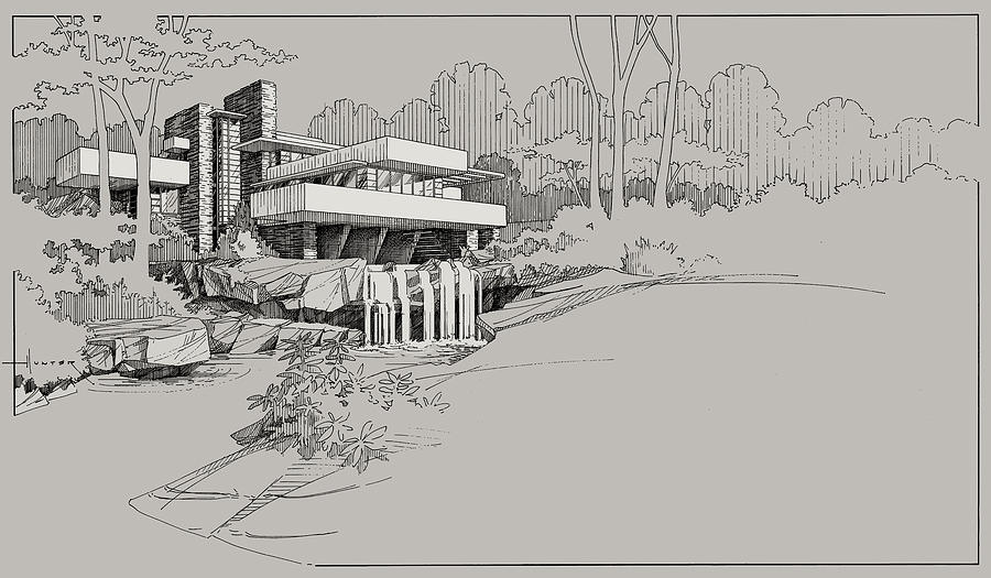 Fallingwater in Sepia Drawing by Larry Hunter