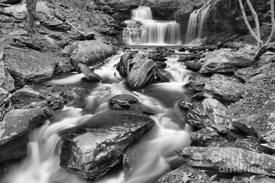 Falls Around The Boulder Black And White Photograph by Adam Jewell