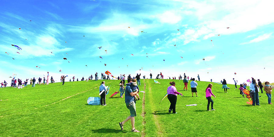 Families Flying Kites On Sunny Day Hill Photograph by Patrick Malon