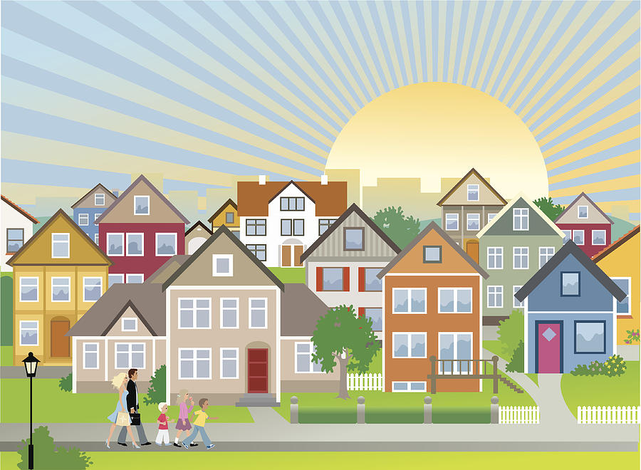 Family and Children Walking Down Neighbourhood Street with Houses Drawing by Art-Y