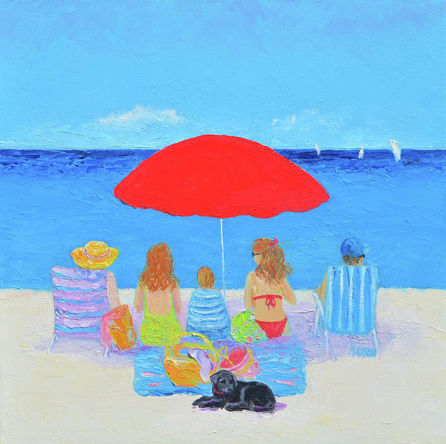 Family Beach Day, beach scene Painting by Jan Matson