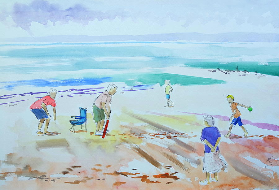 Family Came Of Cricket On The Beach Painting