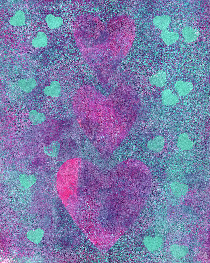 Family of hearts in aqua Painting by Karen Kaspar