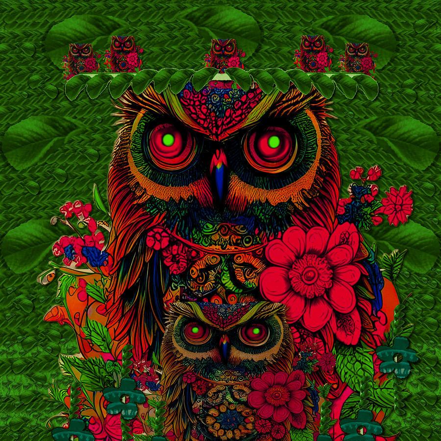 Owl Mixed Media - Family Owl Have Peace In Their Forest Of Love by Pepita Selles