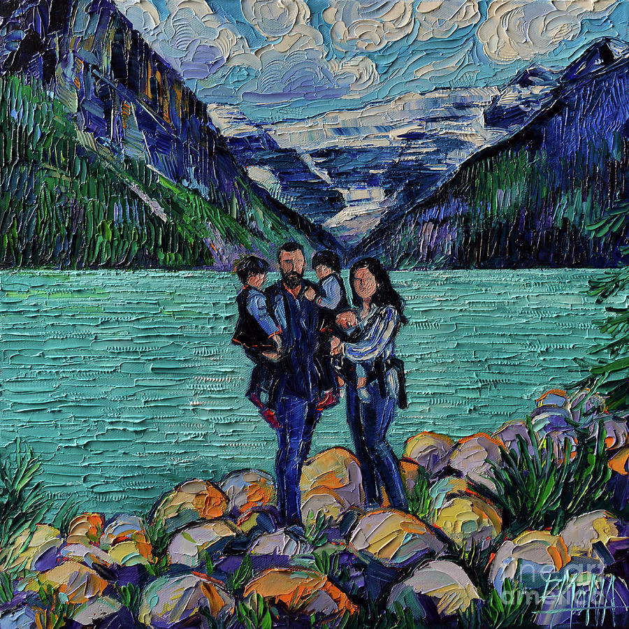 FAMILY PHOTO AT LAKE LOUISE ALBERTA CANADA commissioned oil painting Painting by Mona Edulesco