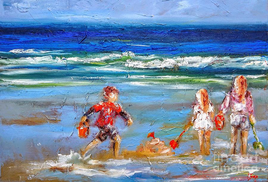 paintings of Family playing on the beach  Painting by Mary Cahalan Lee - aka PIXI