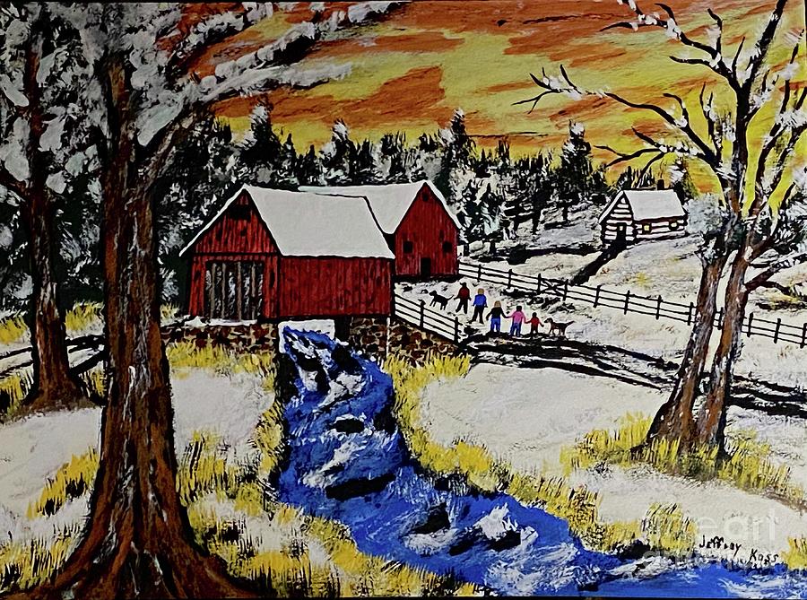 Family Walk At The Covered Bridge. Painting by Jeffrey Koss