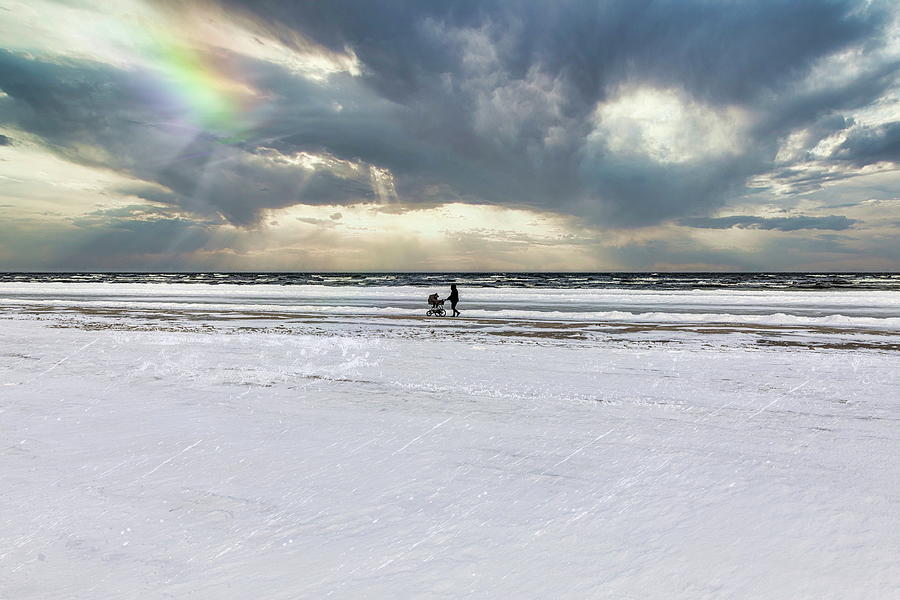 Family Walk On The Winter Beach Latvia  Photograph by Aleksandrs Drozdovs