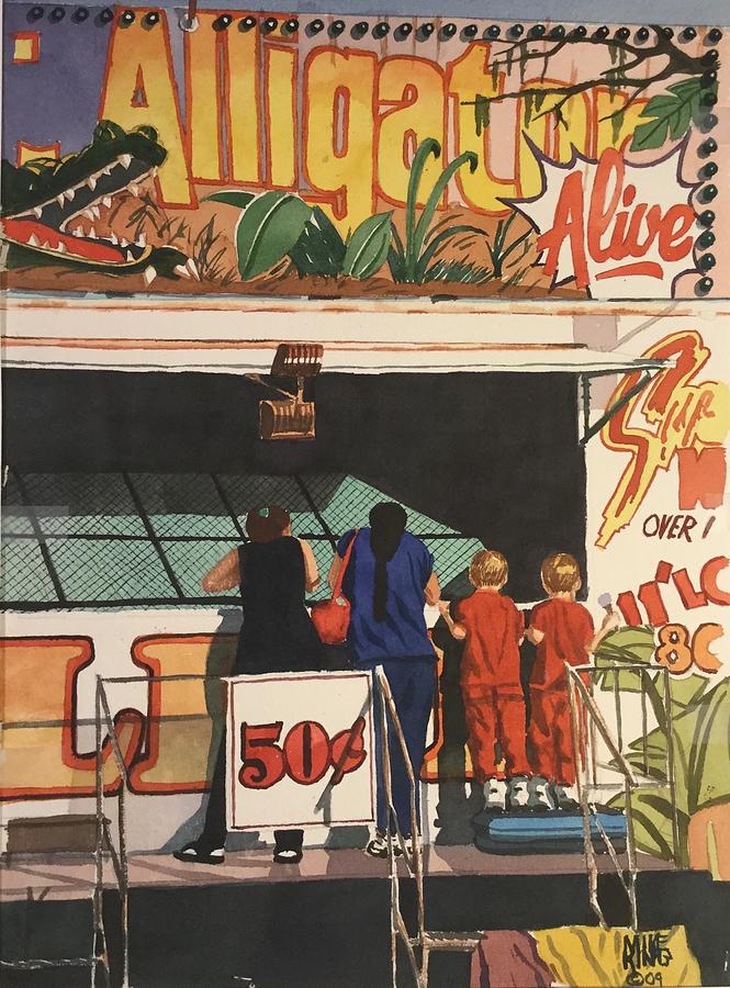 Family Watching Alligators at the Fl State Fair Painting by Mike King