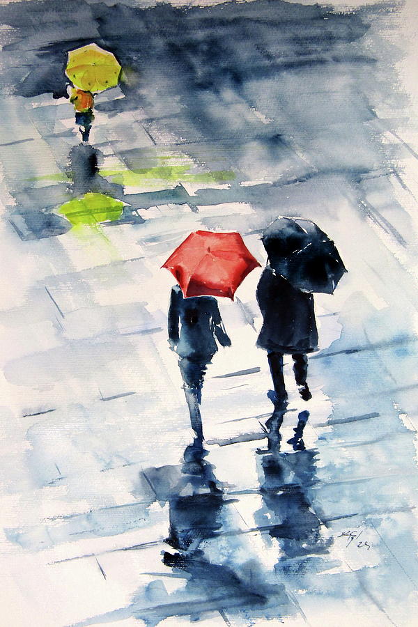 Family with umbrellas Painting by Kovacs Anna Brigitta