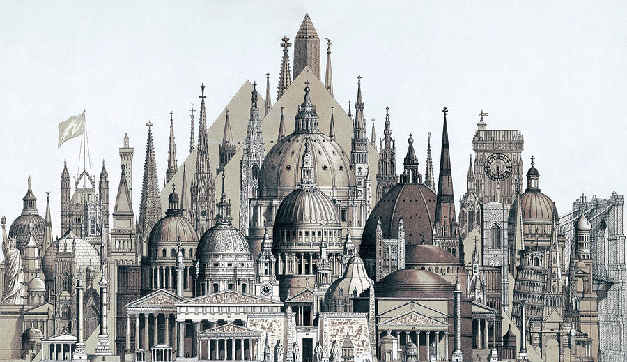 Architecture Drawing - Famous buildings around the world by Mango Art