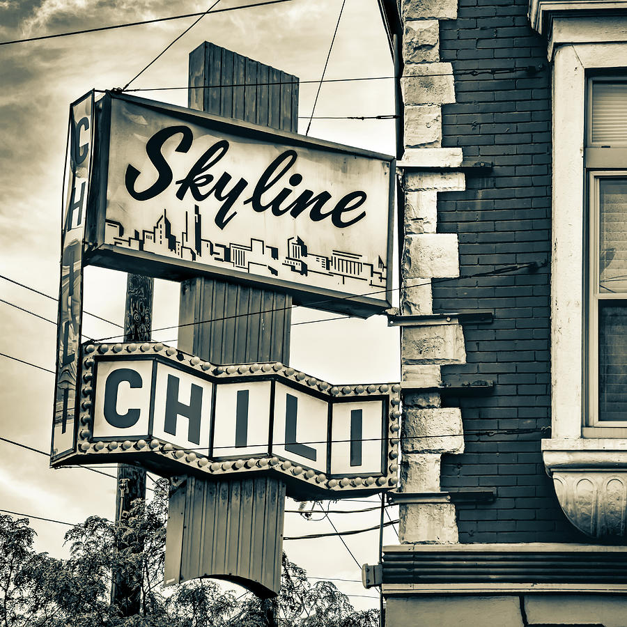 Famous Cincinnati Skyline Chili Sign - Sepia 1x1 Photograph by Gregory Ballos