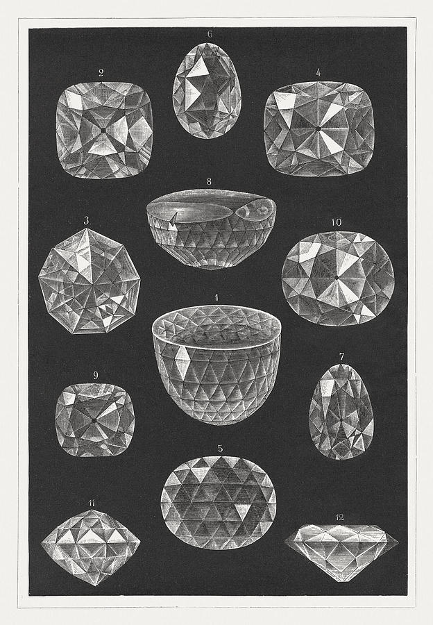 Famous diamonds: Orlov, Hope, Koh-i-Noor, Regent, Florentine, a.o., pupl. 1875 Drawing by Zu_09