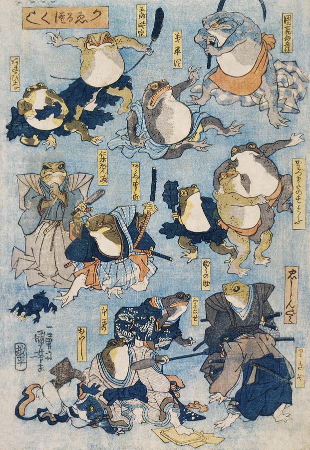 Famous Heroes of the Kabuki Stage Played by Frogs by Utagawa Kuniyoshi - 1798-1861 a woodcut  of per Painting by Les Classics