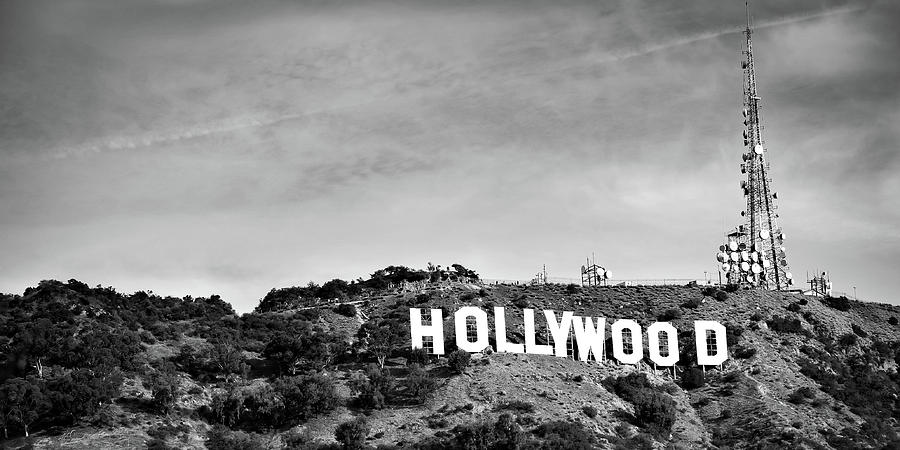 Black And White Photograph - Famous Hollywood Hills California Sign Panorama in Black and White by Gregory Ballos
