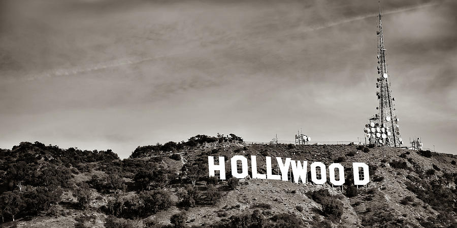 Hollywood Sign Photograph - Famous Hollywood Hills California Sign Panorama in Sepia by Gregory Ballos