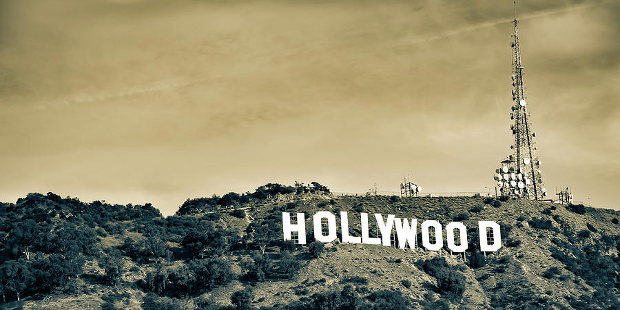Hollywood Sign Photograph - Famous Hollywood Hills California Sign Panorama in Sepia Monochrome by Gregory Ballos